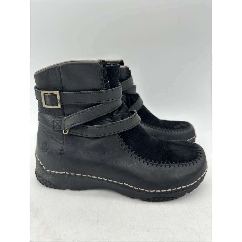 Women's 7M Teva 6312 Punto Pigro Black Leather Ankle‎ Boots Harness Straps Snow